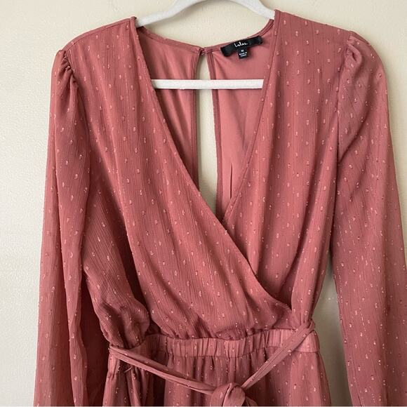 Lulus | Closer Look Dusty Rose Swiss Dot Romper Long Tie Sleeves Pink Medium - Picture 5 of 11